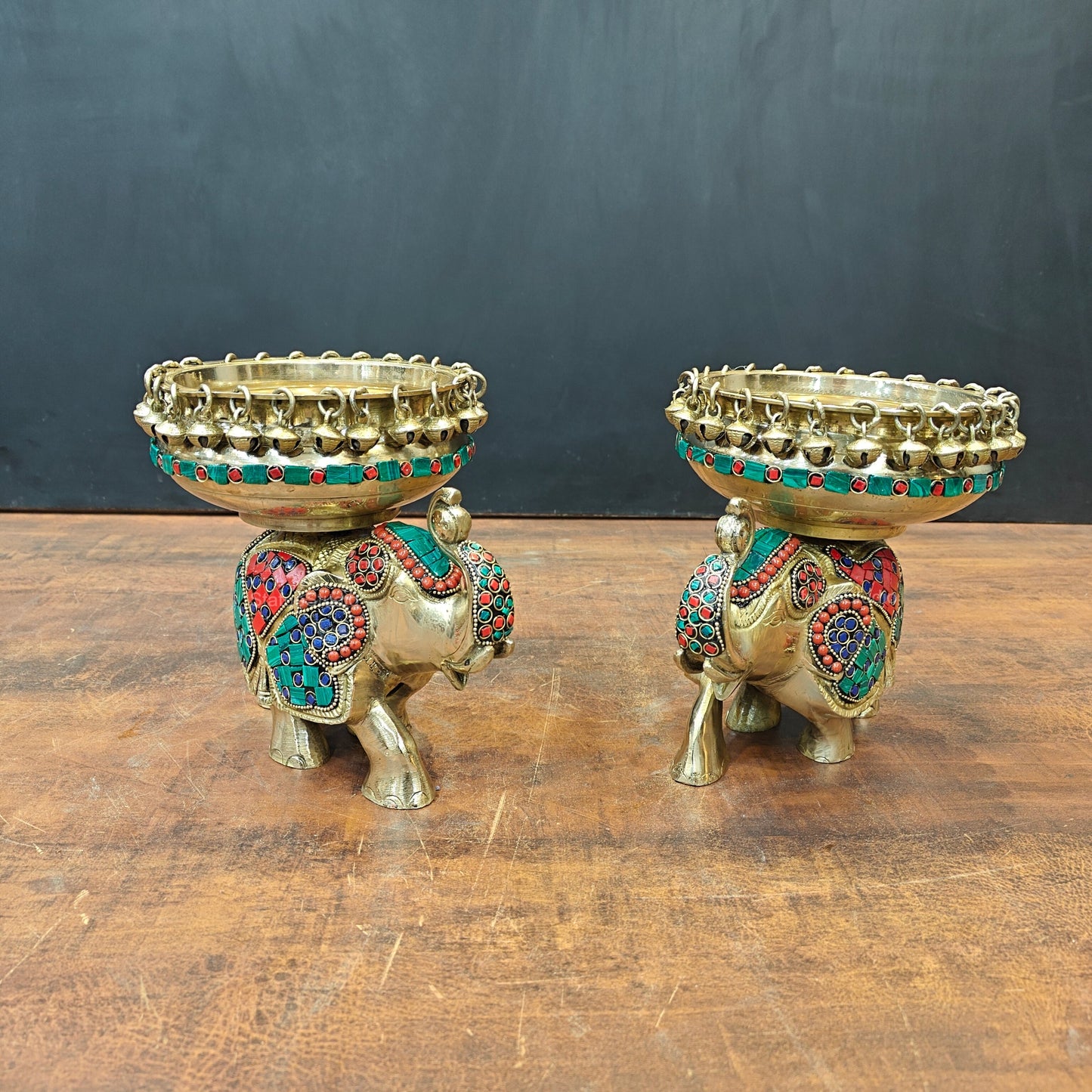 Engraved Elephant Brass Urli Pair With Ghungroo Inlay Stone Work 7 Inch