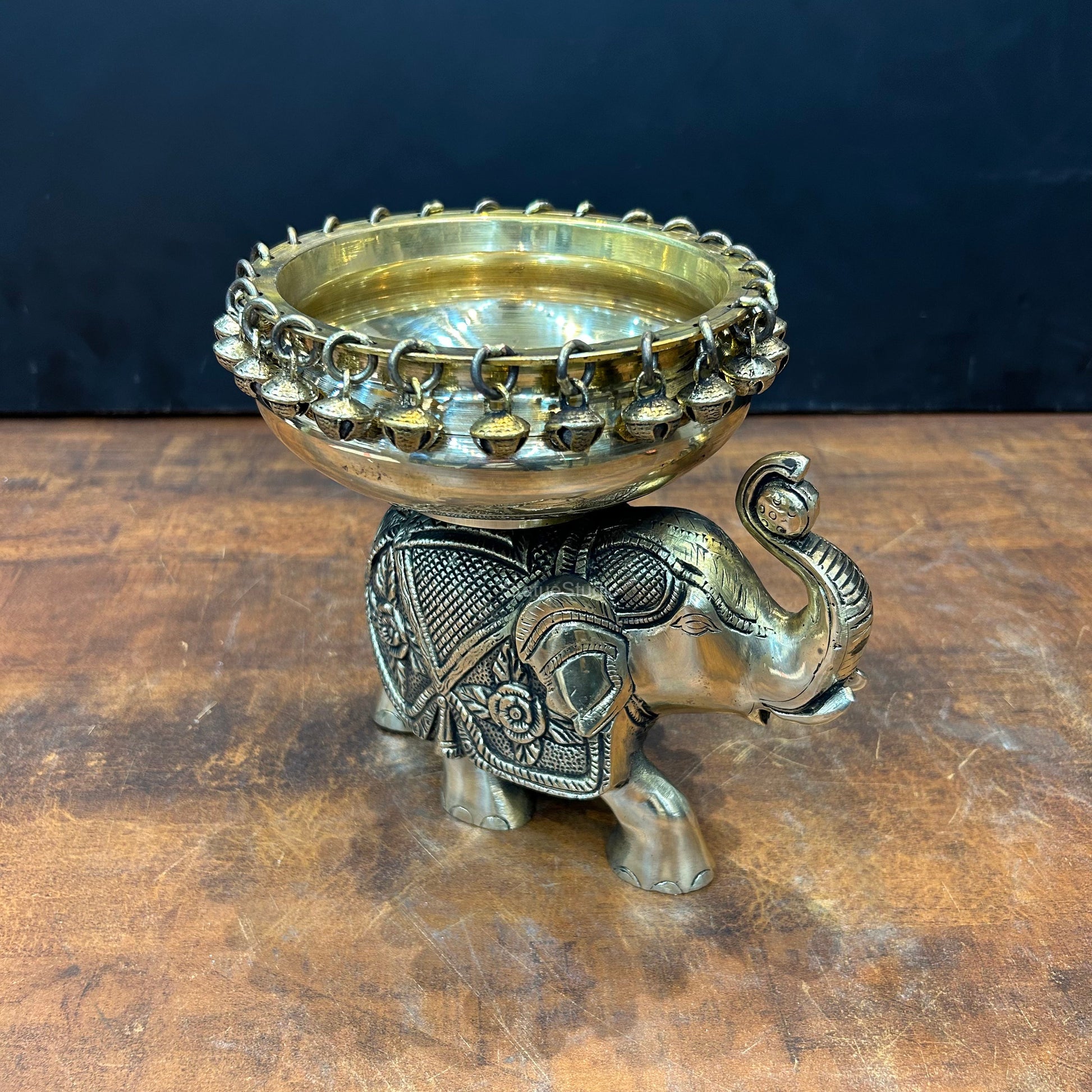 Engraved Elephant Brass Urli With Ghungroo 7 Inch - Eco-friendly - Sama Homes
