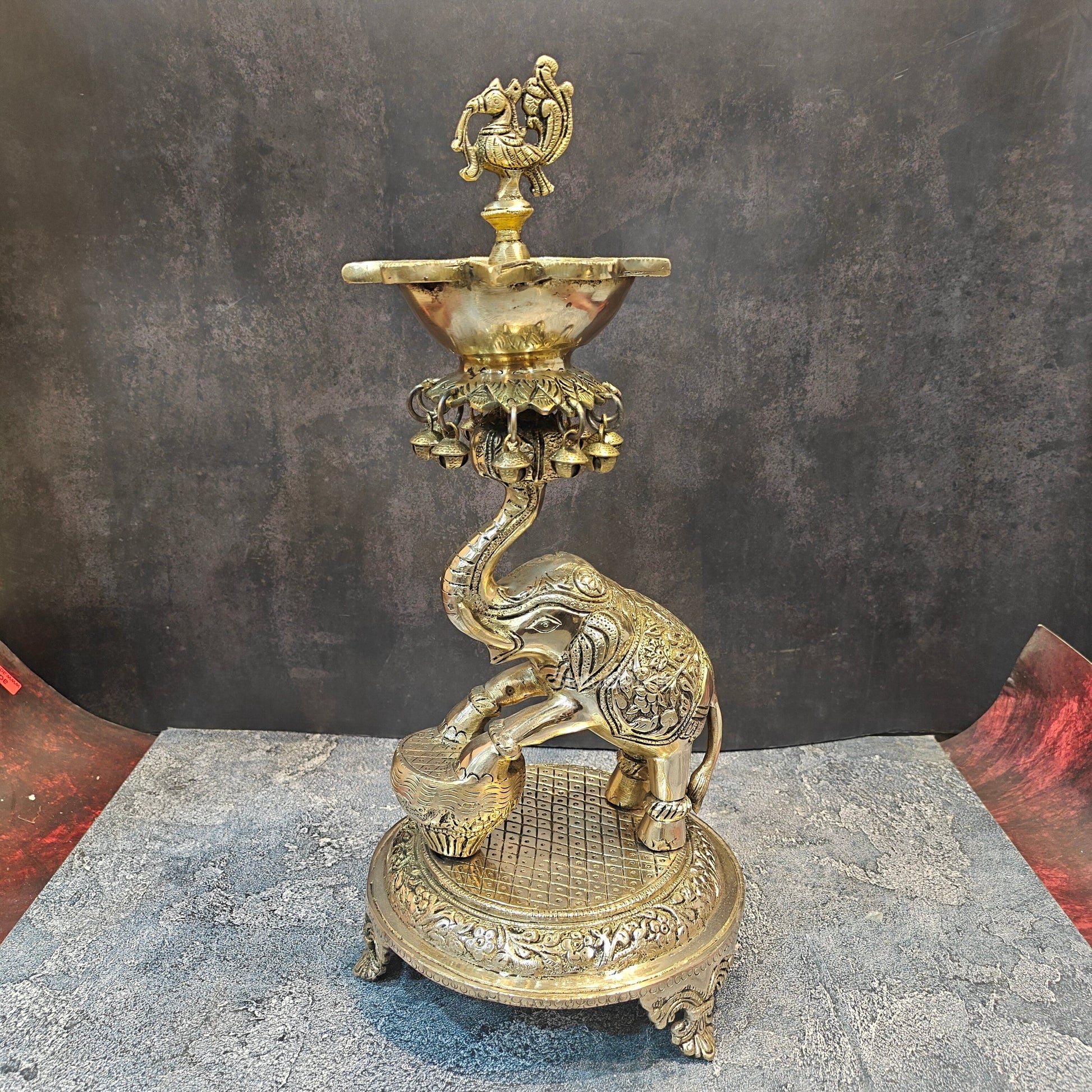 Exquisite Brass Peacock And Dancing Elephant Diya Decor 18 Inches - Image 3