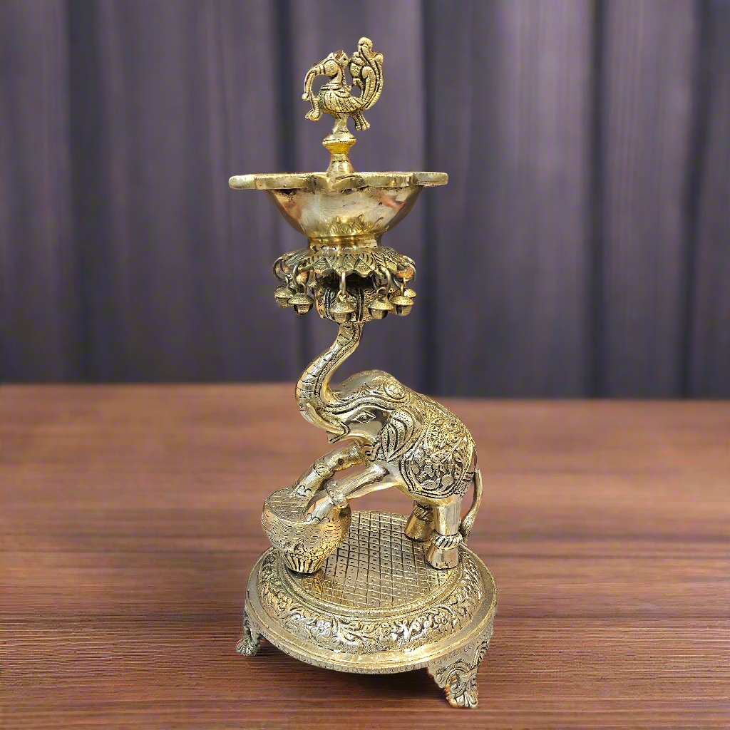 Exquisite Brass Peacock And Dancing Elephant Diya Decor 18 Inches - Eco-friendly - Sama Homes