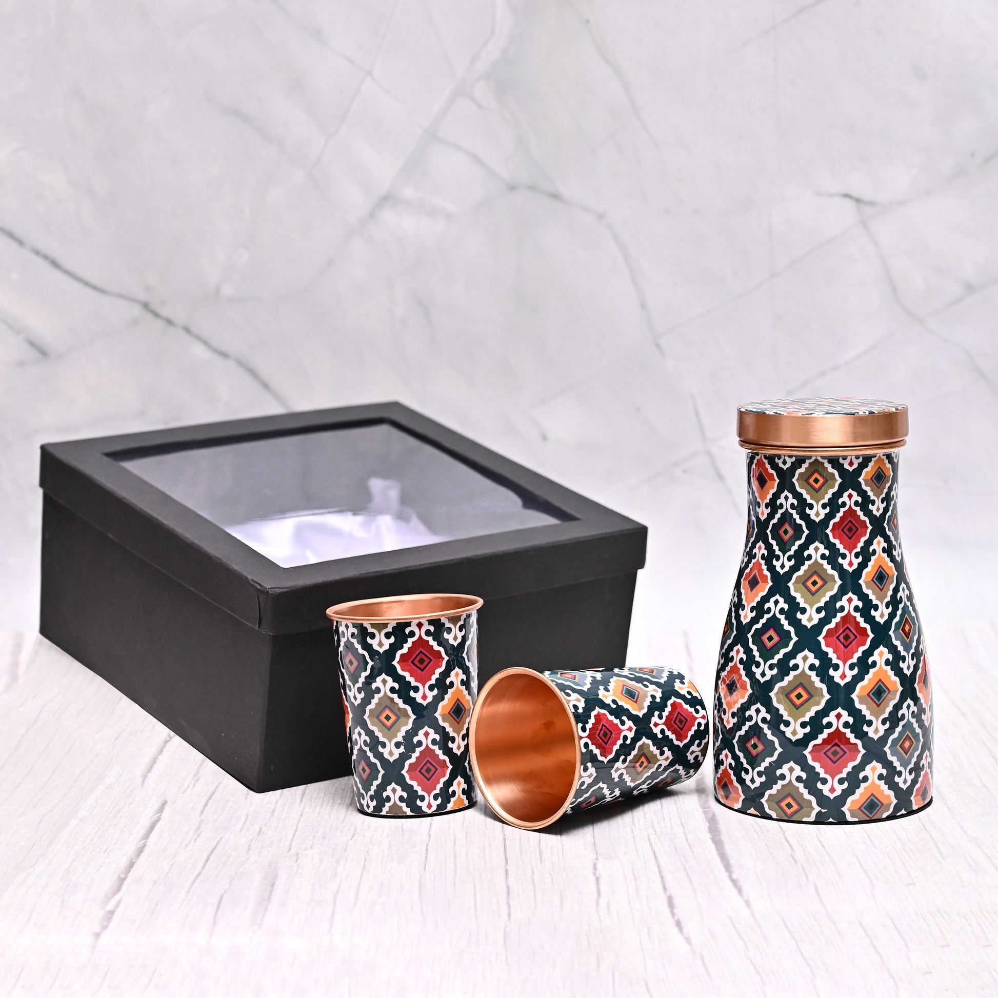 Beautiful Pure Copper Bedroom Jar / Water Pot With 2 Pcs Glass In Gift Box Capacity 1000 ML - Eco-friendly - Sama Homes
