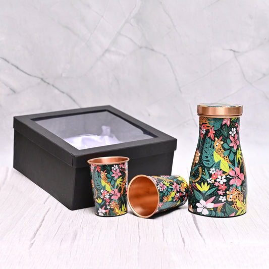 High Quality Copper Bedroom Jar / Water Pot with 2 Pcs Glass In Gift Box Pack | Capacity 1000 ML