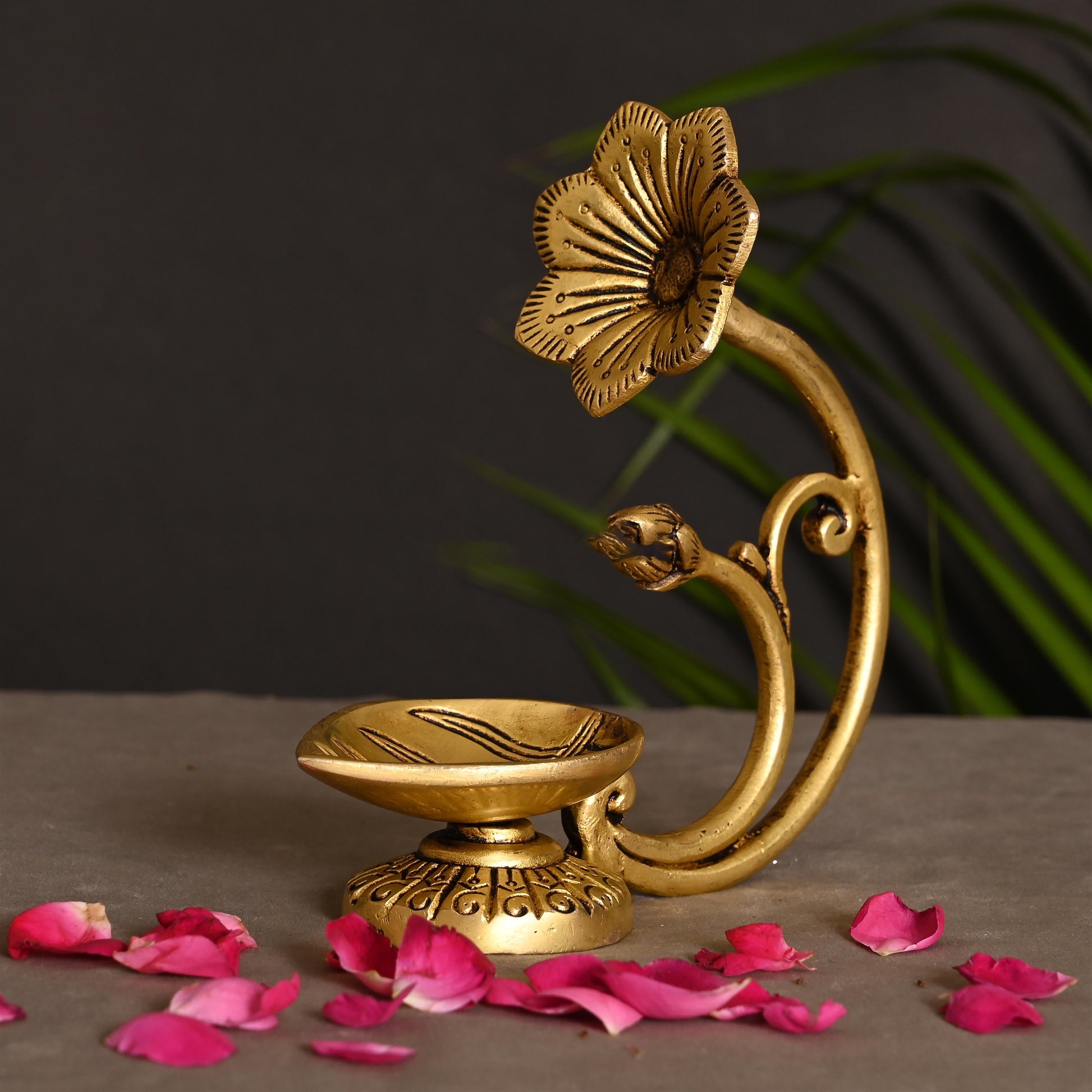 Brass Diya With Flower (5.8 Inch) - Image 2