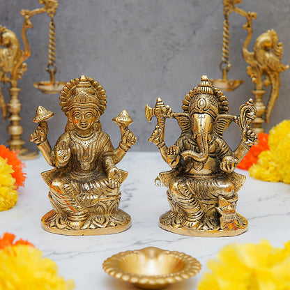 Ganesha Lakshmi Brass Statue 5 Inch by vendor-unknown - Hindu Gods