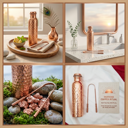 The Complete Ayurvedic Morning Ritual Set | Pure Copper Bottle &. Tongue Scraper by SAMA Homes - copper water bottle (View 3)