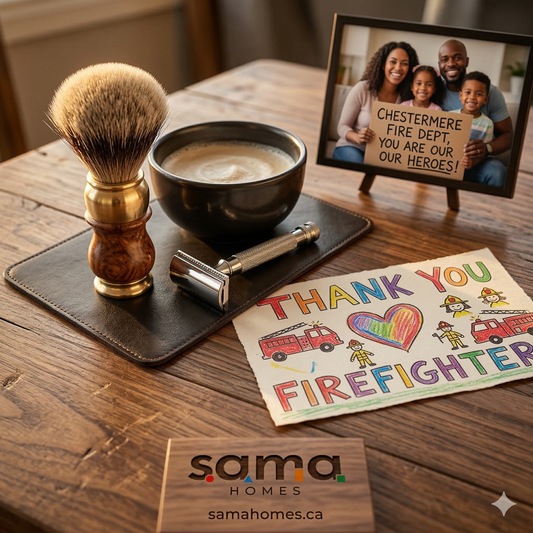 Shaving brush, bowl, and razor on a wooden table with a 'Thank You Firefighter' card and photo of a family holding a sign.