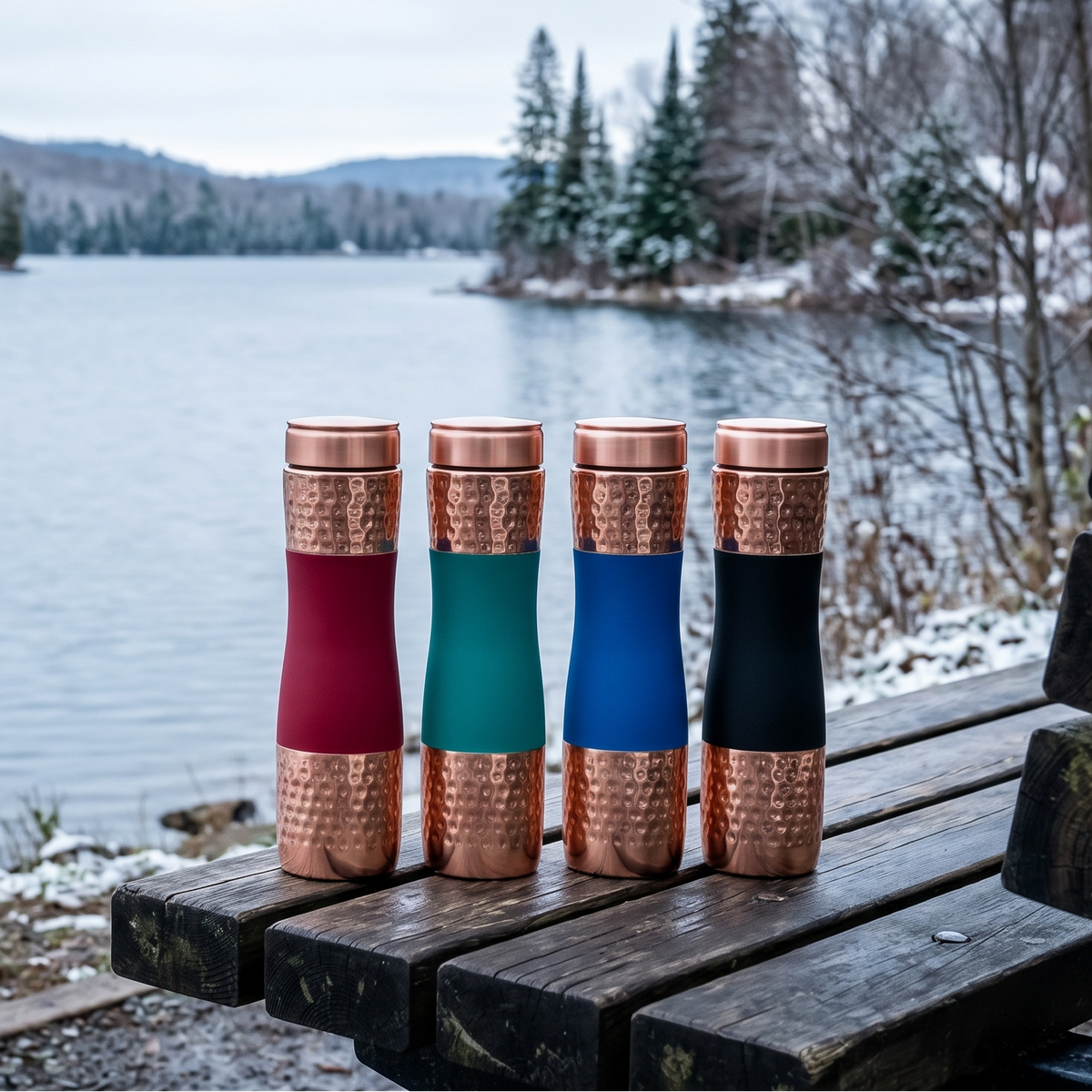 Pure Copper Water Bottle Comb RGBB set of 4 - Red, Green, Blue and Black Color | 1 Liter by SAMA Homes - Combo Set