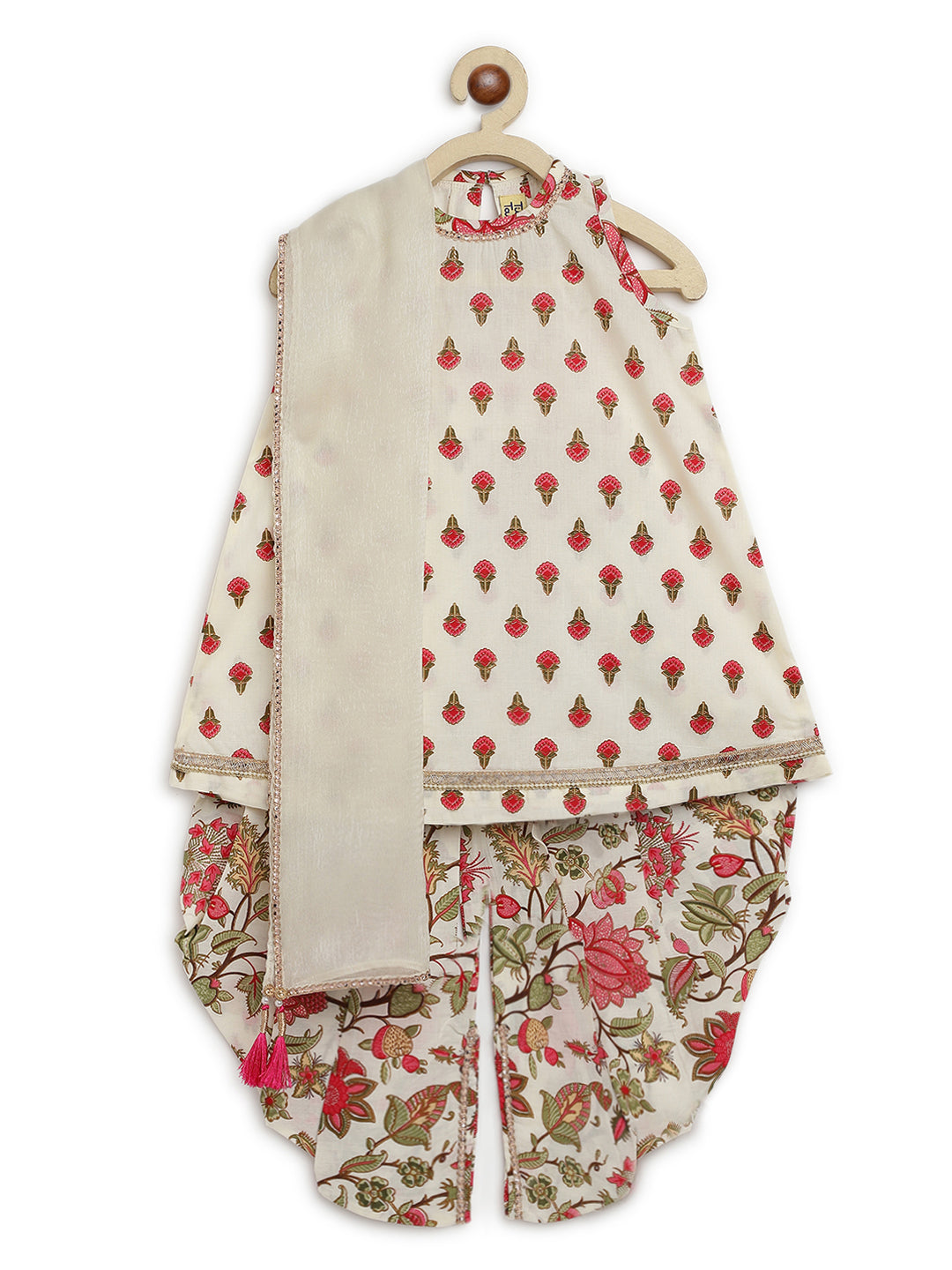 Girl Floral Buta Suit Set - Cream - Image 2