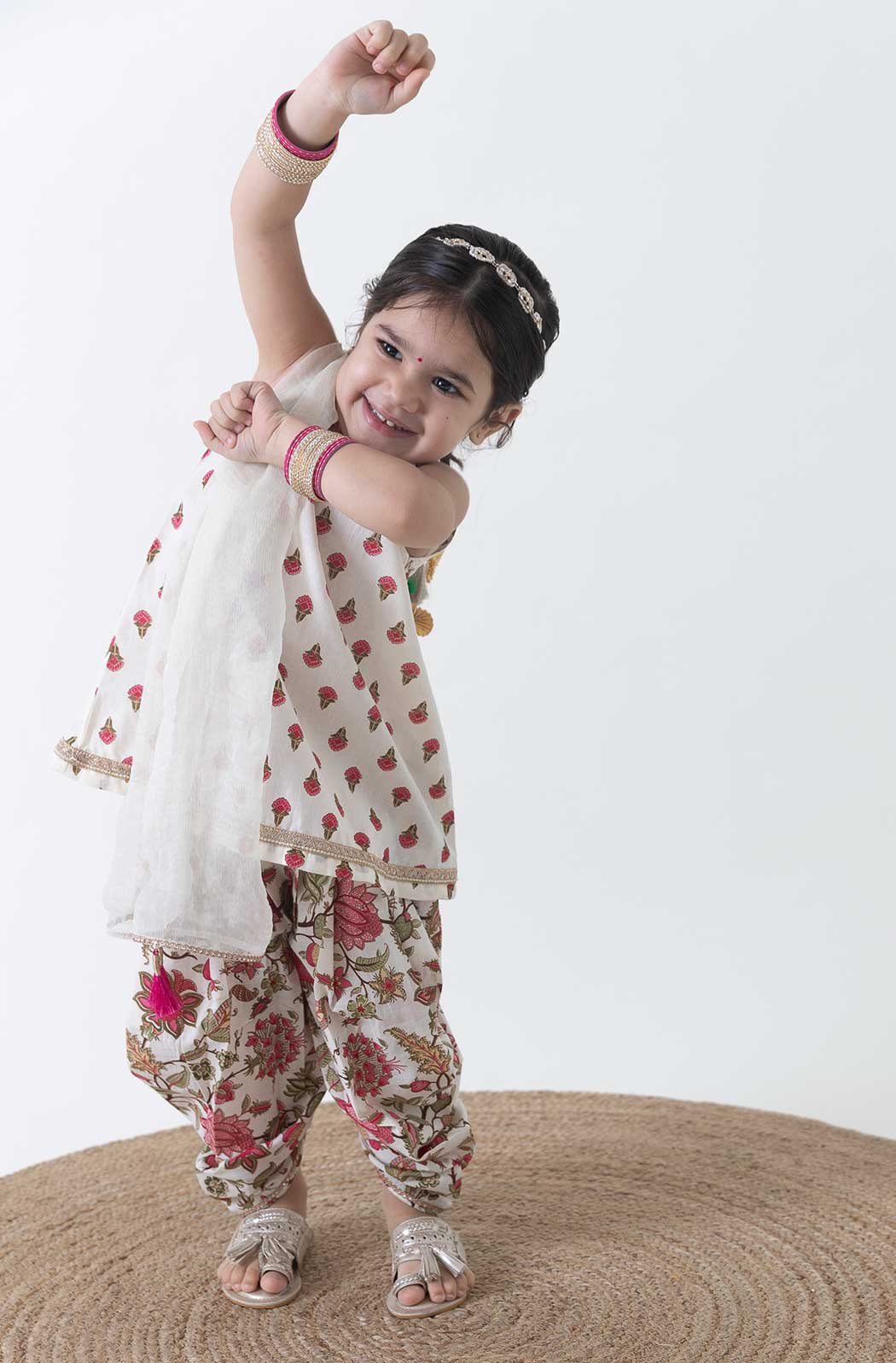 Girl Floral Buta Suit Set - Cream - Image 3