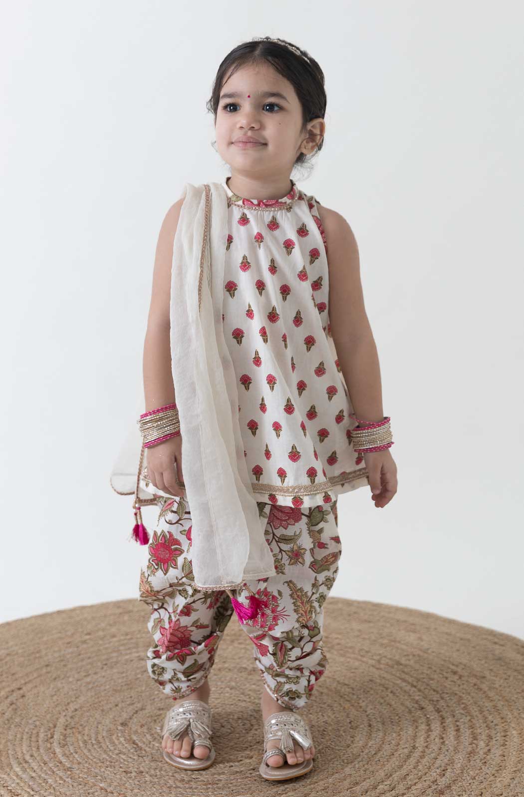 Girl Floral Buta Suit Set - Cream - Eco-friendly - Sama Homes