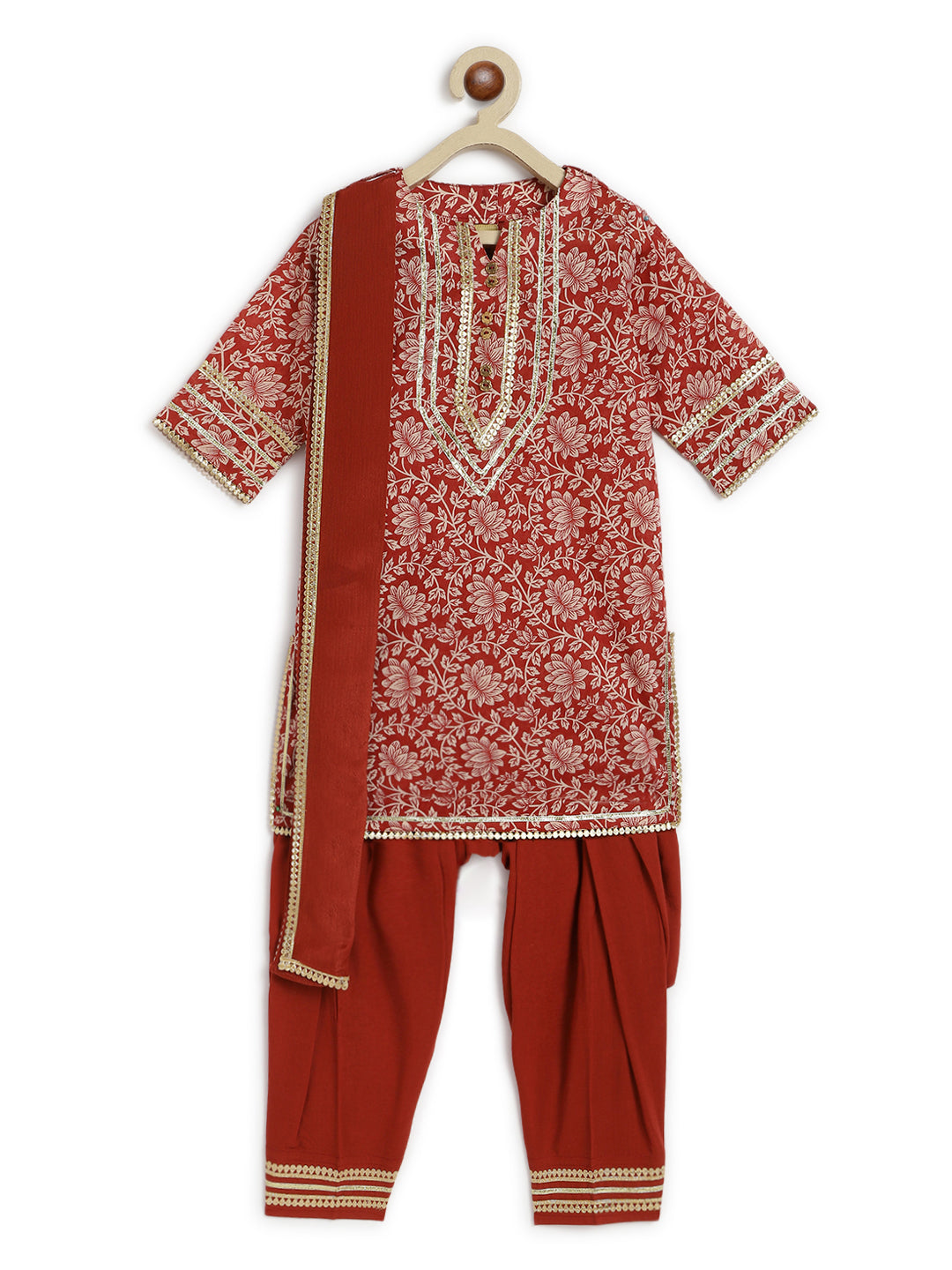 Girl Floral Jaal Suit Set - Brown - Image 3