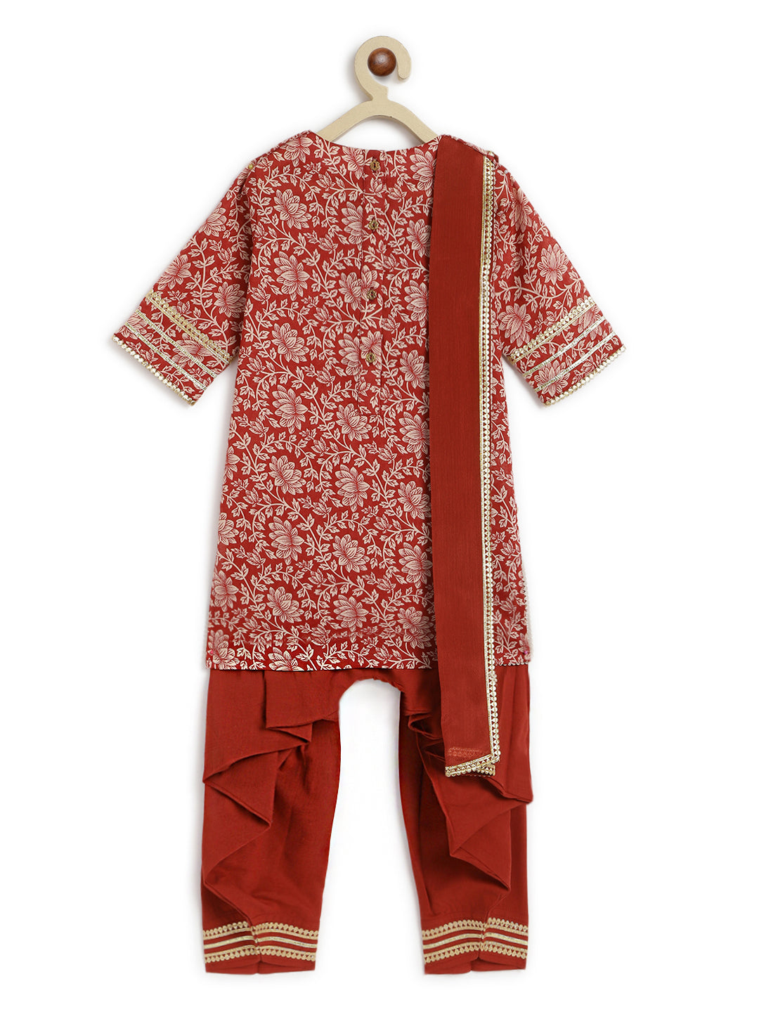 Girl Floral Jaal Suit Set - Brown