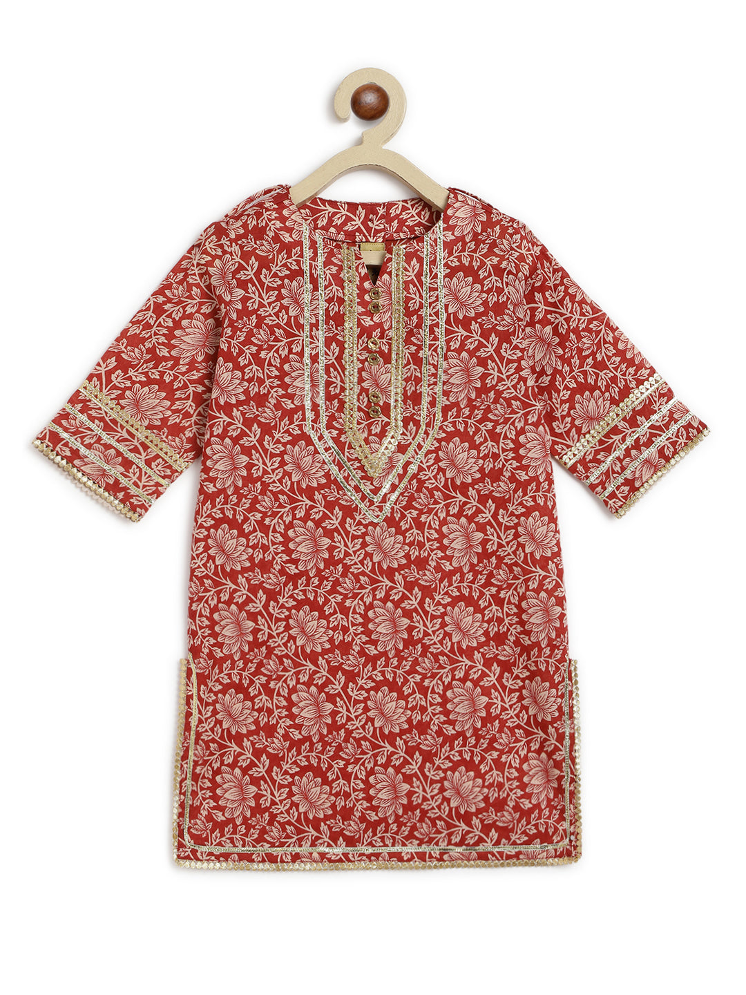 Girl Floral Jaal Suit Set - Brown