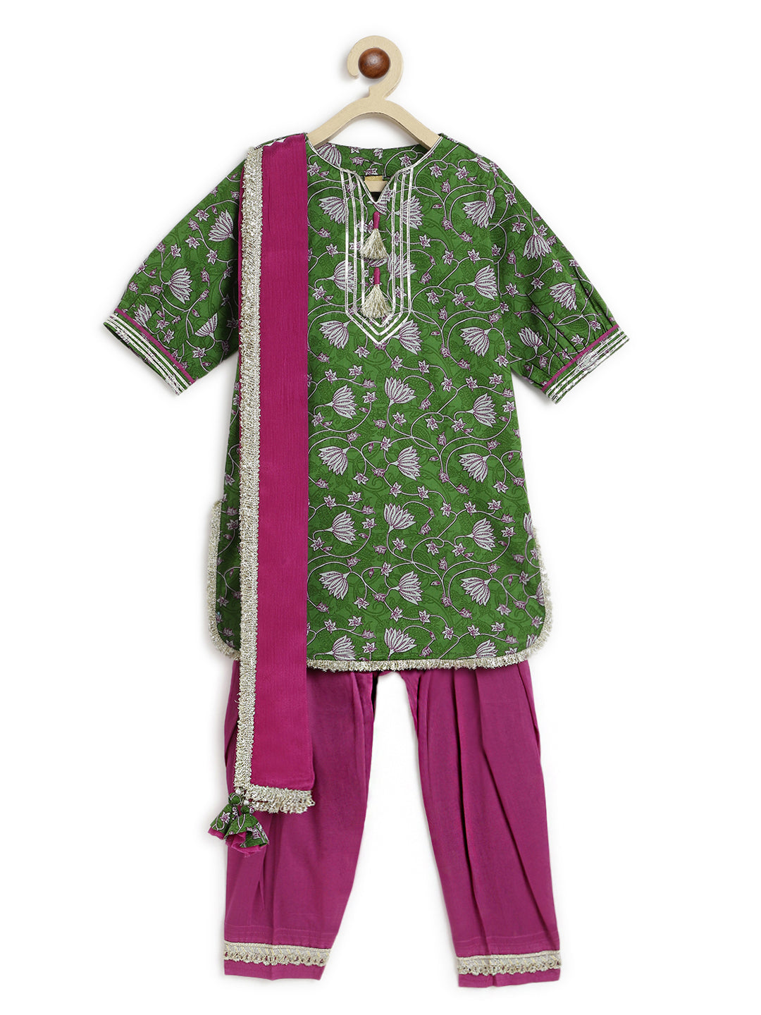 Girl Floral Jaal  Suit Set - Green - Image 2