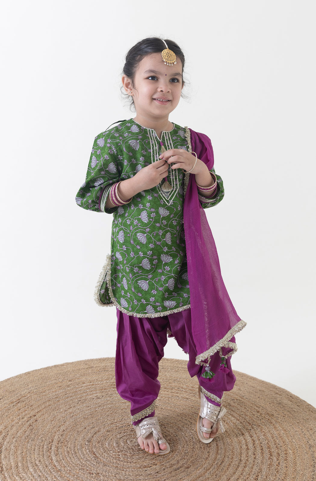Girl Floral Jaal  Suit Set - Green - Eco-friendly - Sama Homes