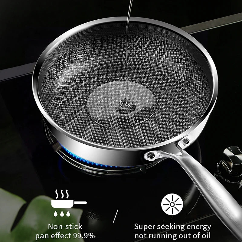 Premium 26/28cm Stainless Steel Frying Pan – Food Grade 304 Non-Stick Honeycomb Skillet with Glass Lid, Works on Gas & Induction Stoves - Image 4