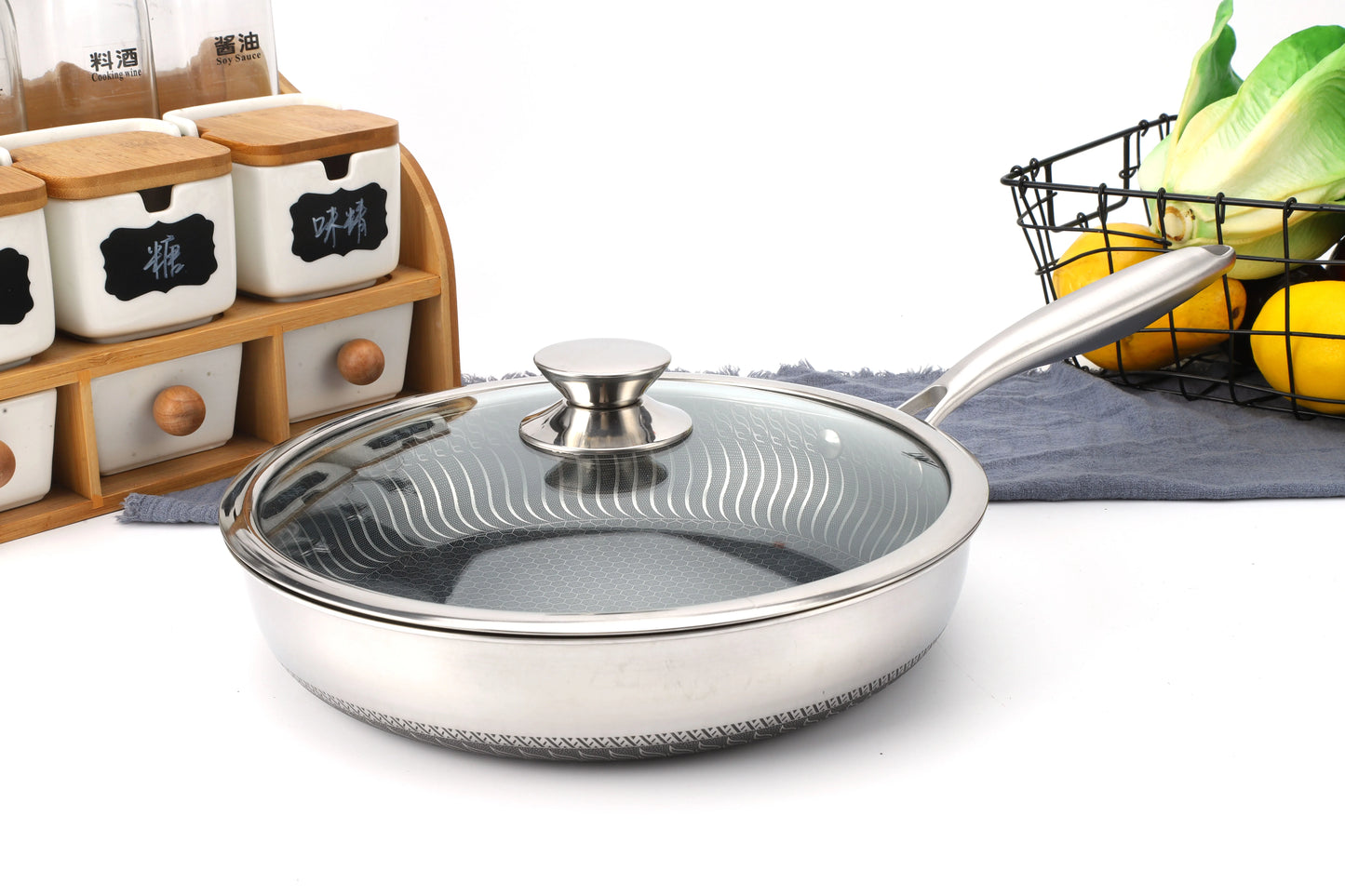 Premium 26/28cm Stainless Steel Frying Pan – Food Grade 304 Non-Stick Honeycomb Skillet with Glass Lid, Works on Gas & Induction Stoves