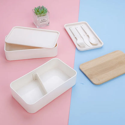 2-Layer Food Storage Container Portable Worker Student Wheat Straw Bento Lunch Box with Bamboo Lid Kitchen Utensils – Image 2