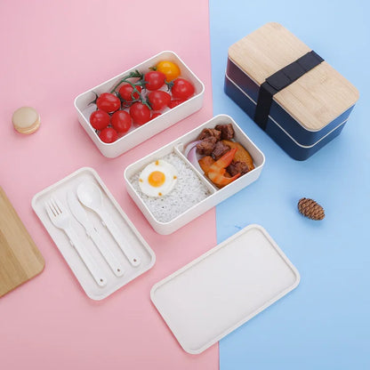 2-Layer Food Storage Container Portable Worker Student Wheat Straw Bento Lunch Box with Bamboo Lid Kitchen Utensils – Image 5