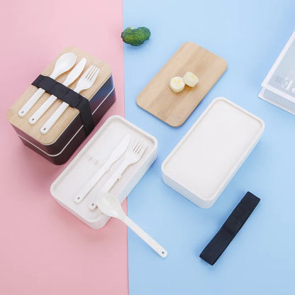 2-Layer Food Storage Container Portable Worker Student Wheat Straw Bento Lunch Box with Bamboo Lid Kitchen Utensils – Image 4
