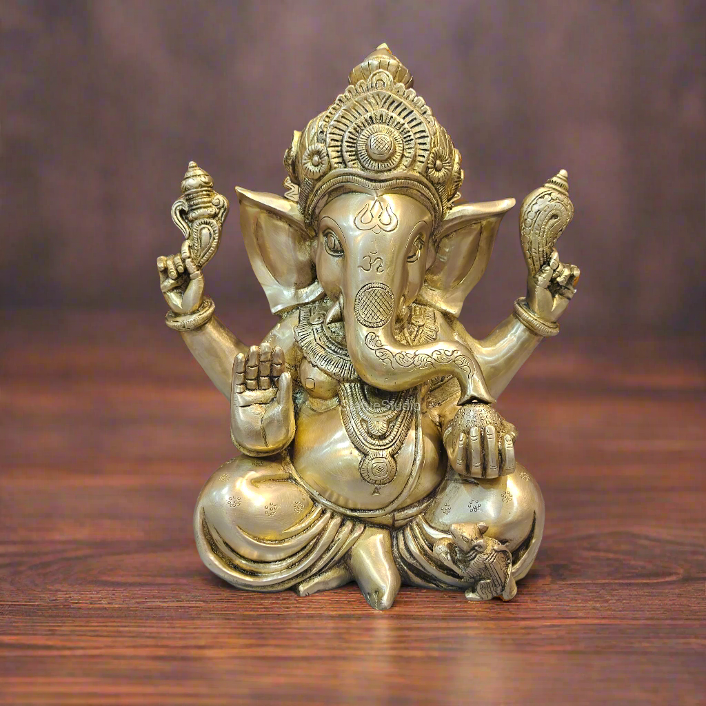 Handcrafted Brass Sitting Ganesha Statue 1 Feet - Eco-friendly - Sama Homes