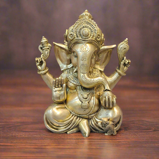 Handcrafted Brass Sitting Ganesha Statue 1 Feet