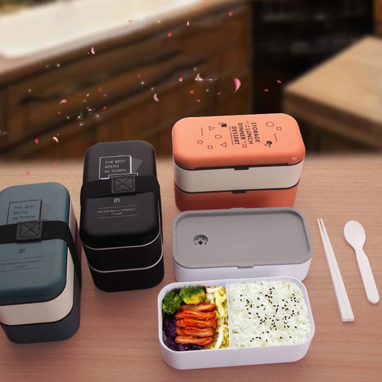 2-Layer Food Storage Container Portable Worker Student Wheat Straw Bento Lunch Box with Bamboo Lid Kitchen Utensils – Image 6