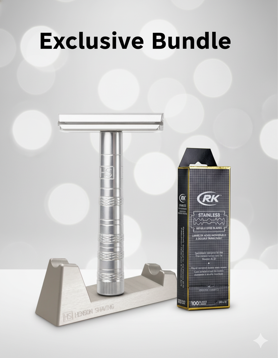 Stainless steel razor and packaging on a gray background with 'RK' branding. - Image 2