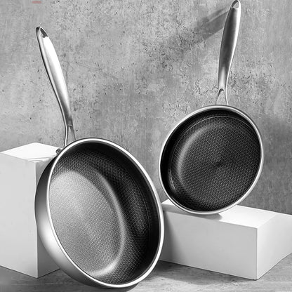Premium 26/28cm Stainless Steel Frying Pan – Food Grade 304 Non-Stick Honeycomb Skillet with Glass Lid, Works on Gas & Induction Stoves by Sama Homes - Sustainable Living