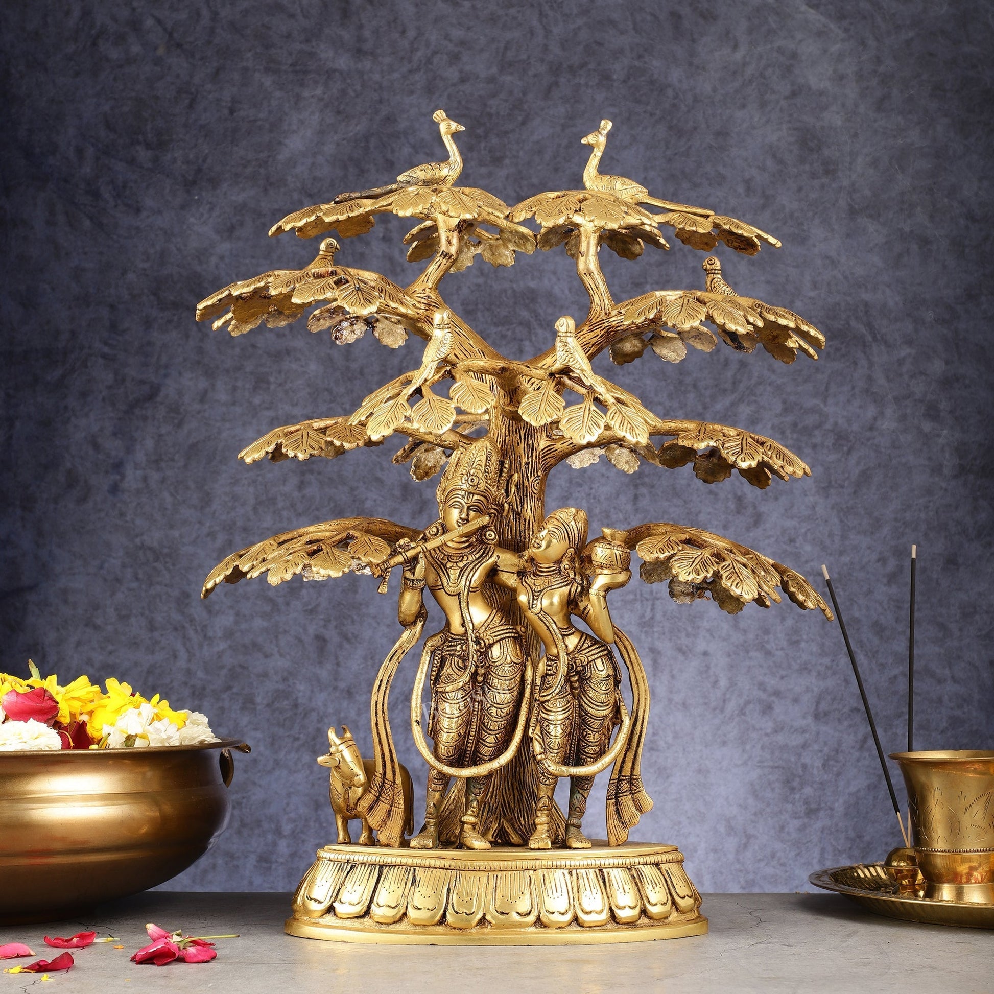 Superfine Brass Radha Krishna Statue with Cow under Tree 20 inch - Sama Homes Idol - Brass Sculpture - Eco-friendly - Sama Homes