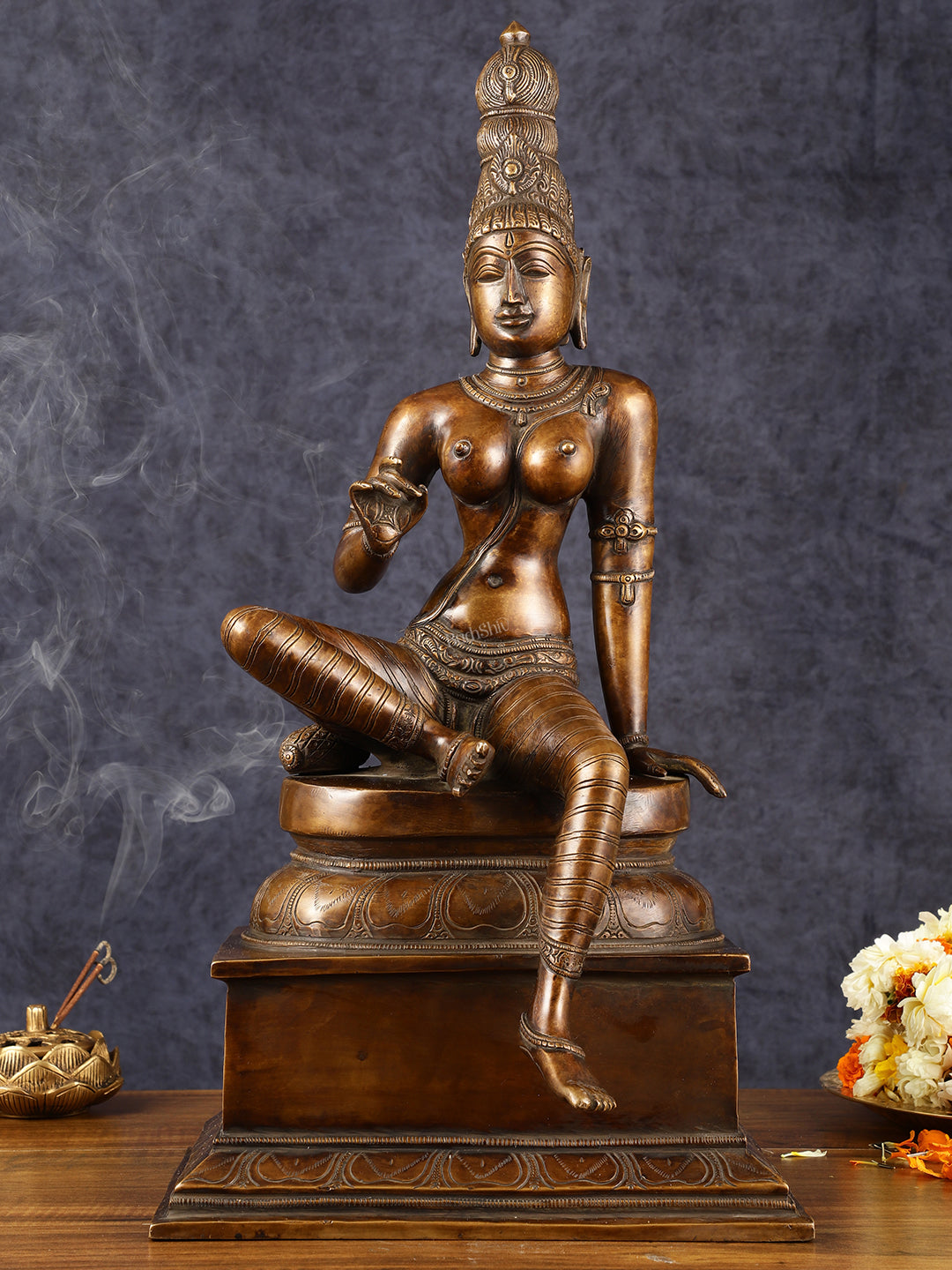 Chola Style Bhoga Shakti Brass Seated Parvati Uma Devi Sculpture | Height: 20.5 inch - Sama Homes Idol - Brass Sculpture - Eco-friendly - Sama Homes