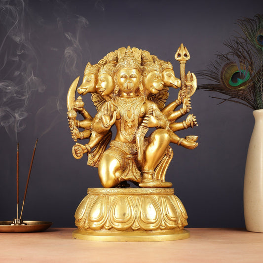 Brass Panchmukhi Hanuman 13" Matte gold | 100% Certified Copper & Brass - Sama Homes Idol - Brass Sculpture