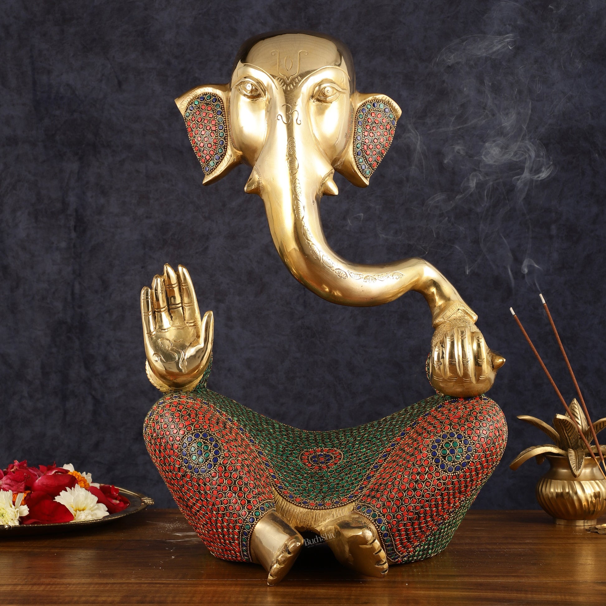 Brass large Modern Abstract Ganesha Statue with Stonework 18 " | 100% Certified Copper & Brass - Sama Homes Idol - Brass Sculpture - Eco-friendly - Sama Homes