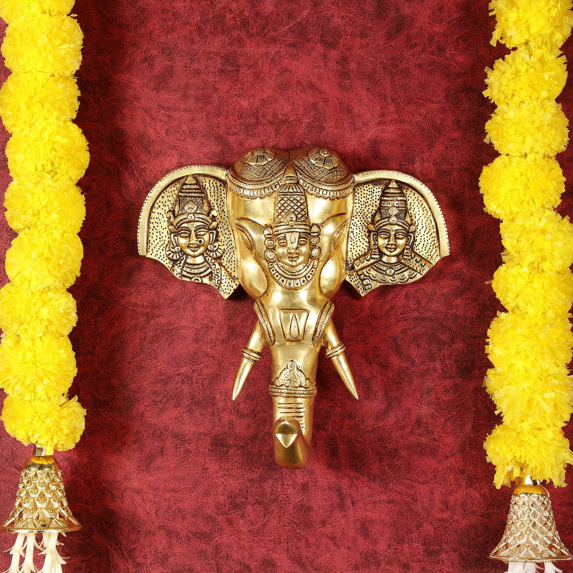 Superfine Brass Tirupati Balaji with Bhudevi and Sridevi Wall Hanging 11" - Sama Homes Idol - Brass Sculpture - Eco-friendly - Sama Homes