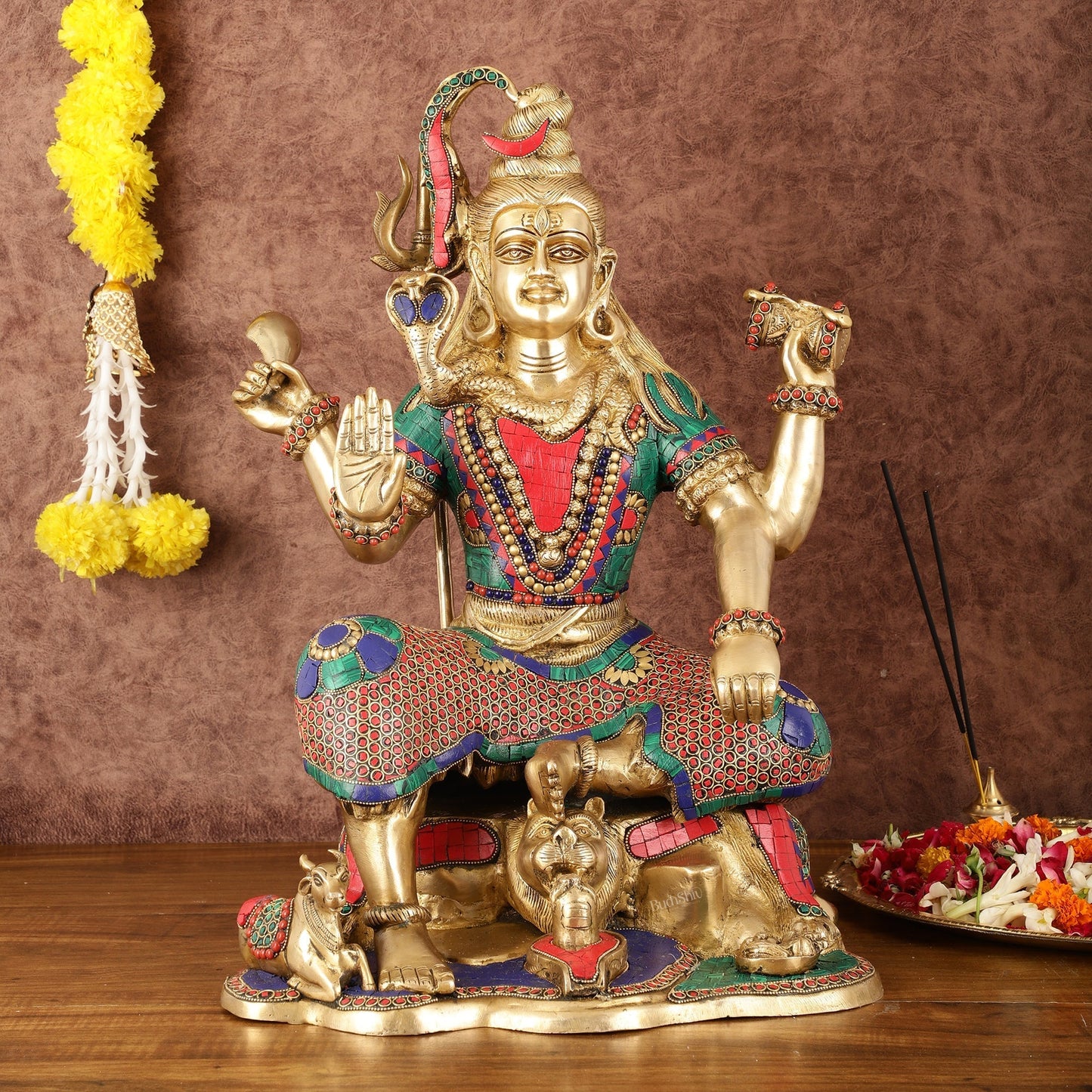 Lord Shiva Brass Statue with Stonework - 18" - Sama Homes Idol - Brass Sculpture