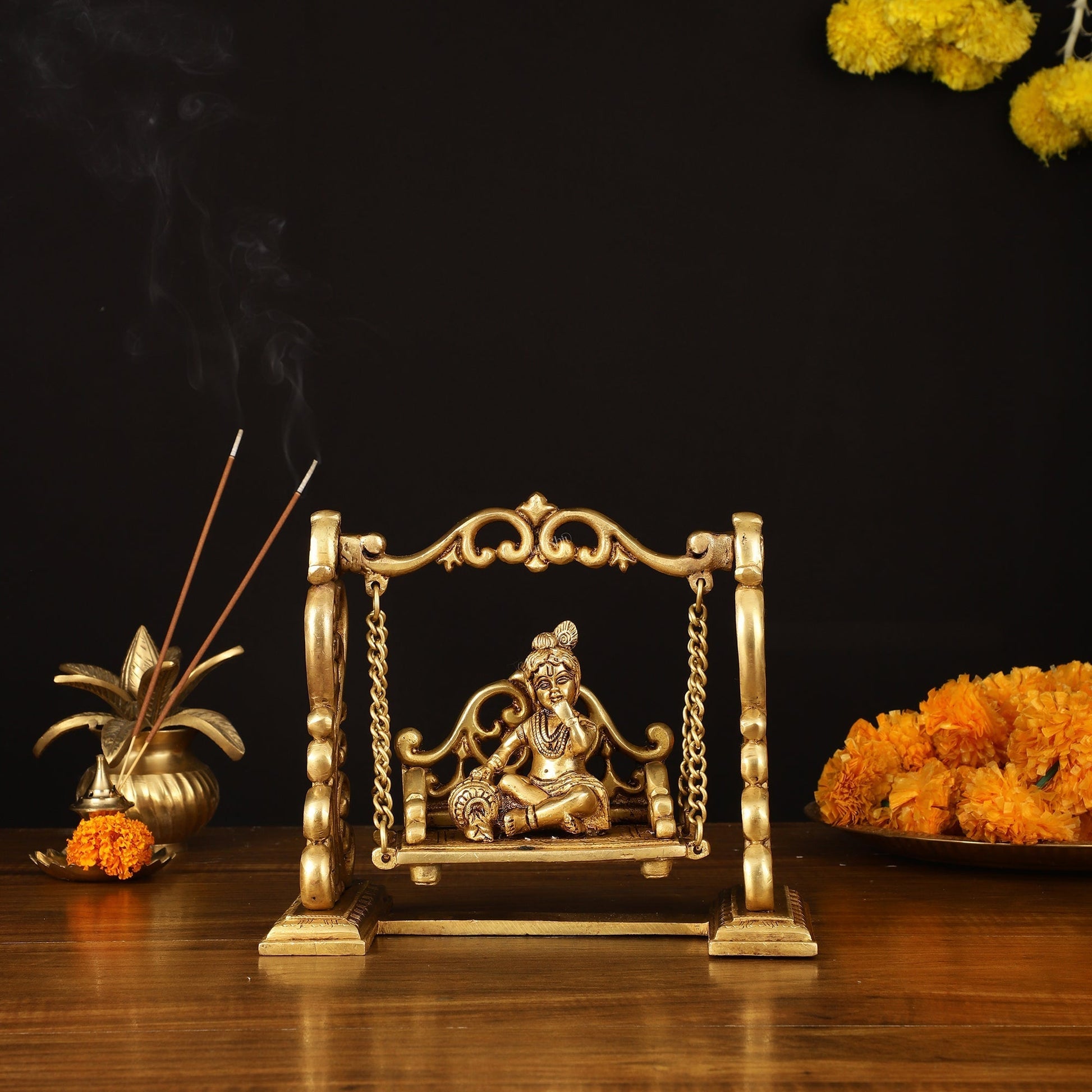 Pure Brass superfine  Makhan Chor Bal Krishna on Swing Idol - 7" Height - Sama Homes Idol - Brass Sculpture - Eco-friendly - Sama Homes