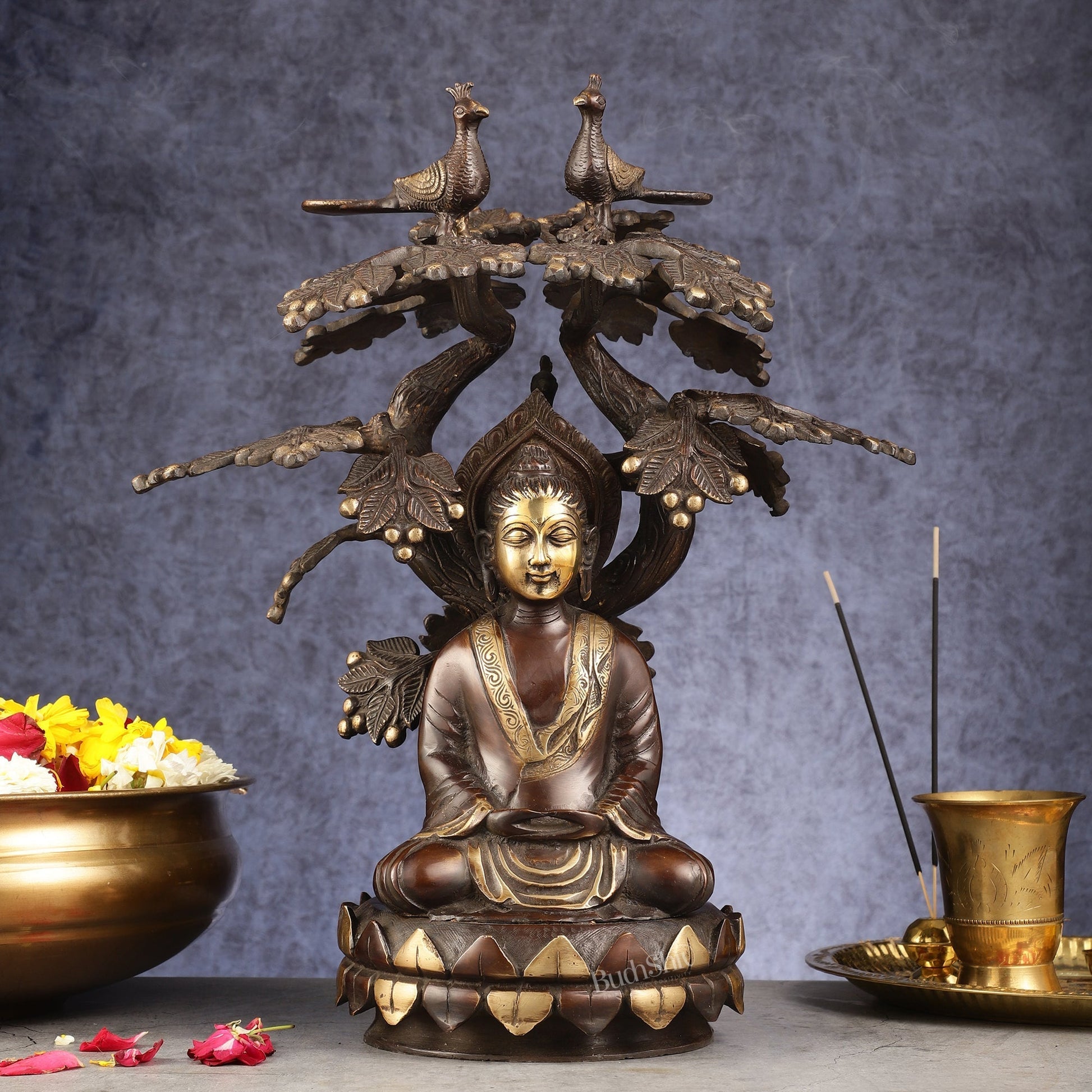 Exquisite Brass Buddha Under Tree Statue - 16.5" - Sama Homes Idol - Brass Sculpture - Eco-friendly - Sama Homes
