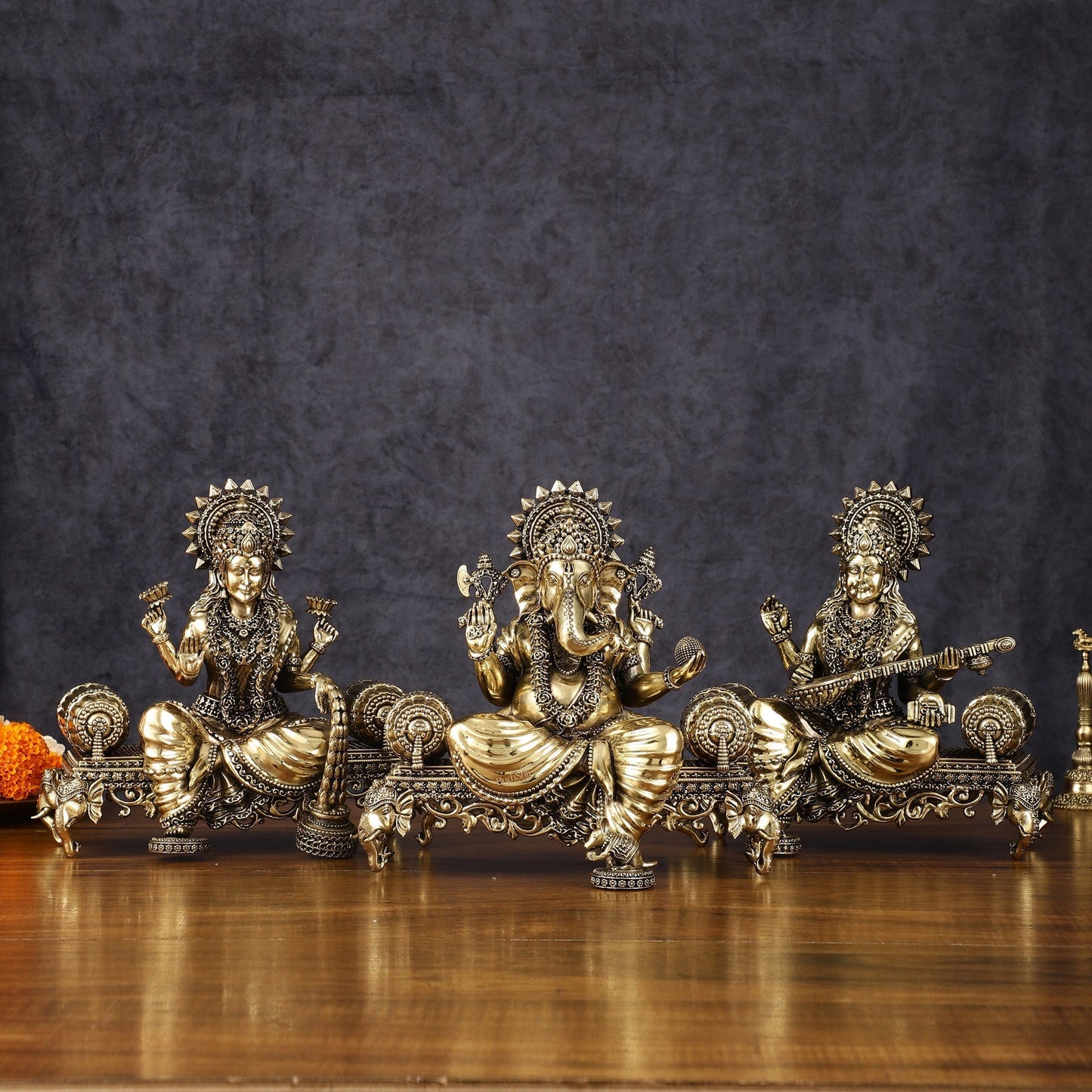 Brass Superfine Large Ganesha Lakshmi Saraswati Idol Set - 7 Inch - Sama Homes Idol - Brass Sculpture