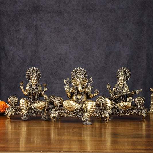 Brass Superfine Large Ganesha Lakshmi Saraswati Idol Set - 7 Inch - Sama Homes Idol - Brass Sculpture