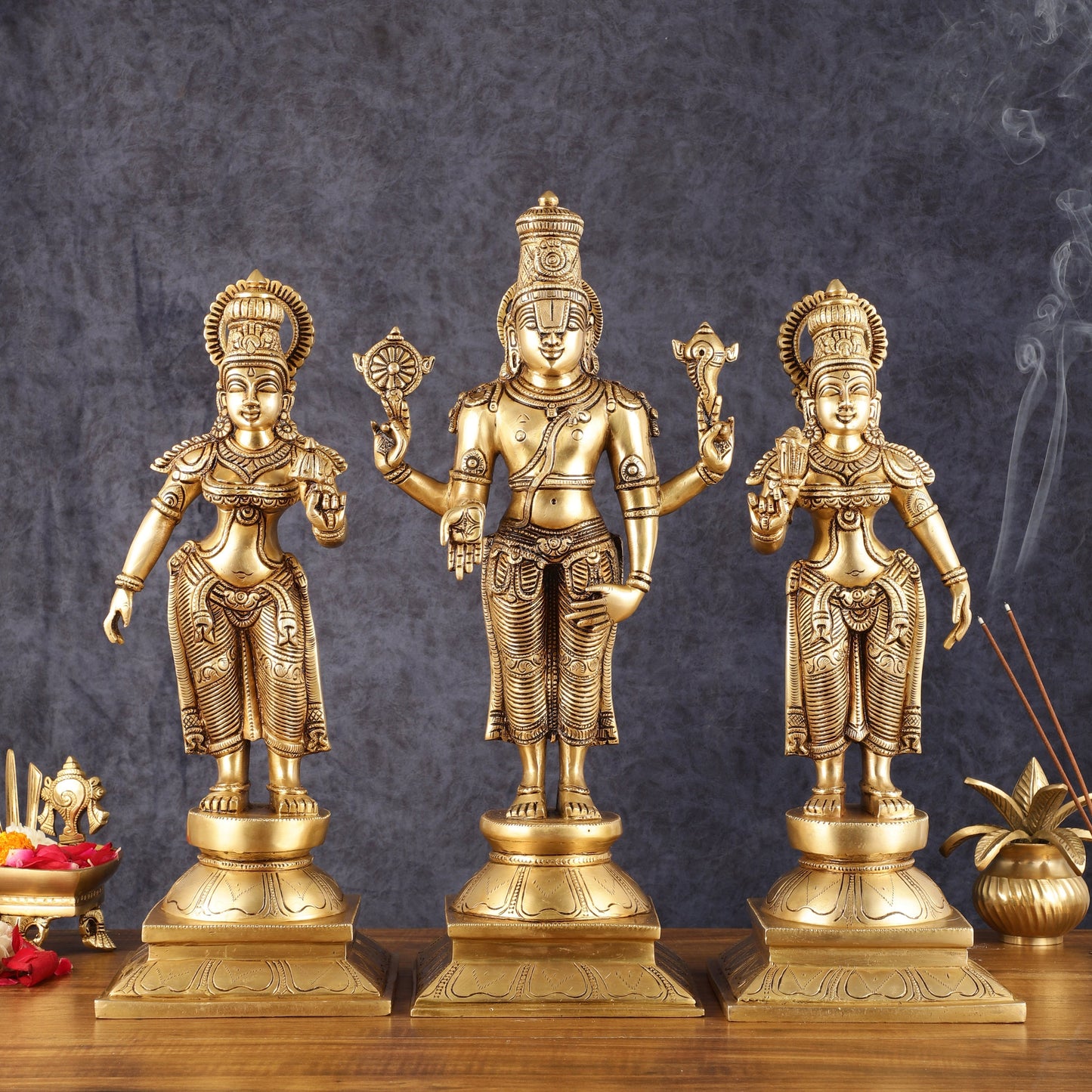 Superfine Brass Lord Tirupati Balaji with Bhudevi and Shreedevi Idol Set - 18.5" - Sama Homes Idol - Brass Sculpture