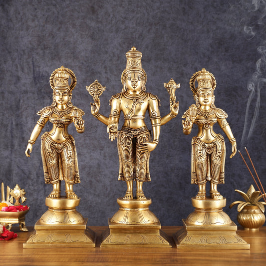 Superfine Brass Lord Tirupati Balaji with Bhudevi and Shreedevi Idol Set - 18.5" - Sama Homes Idol - Brass Sculpture