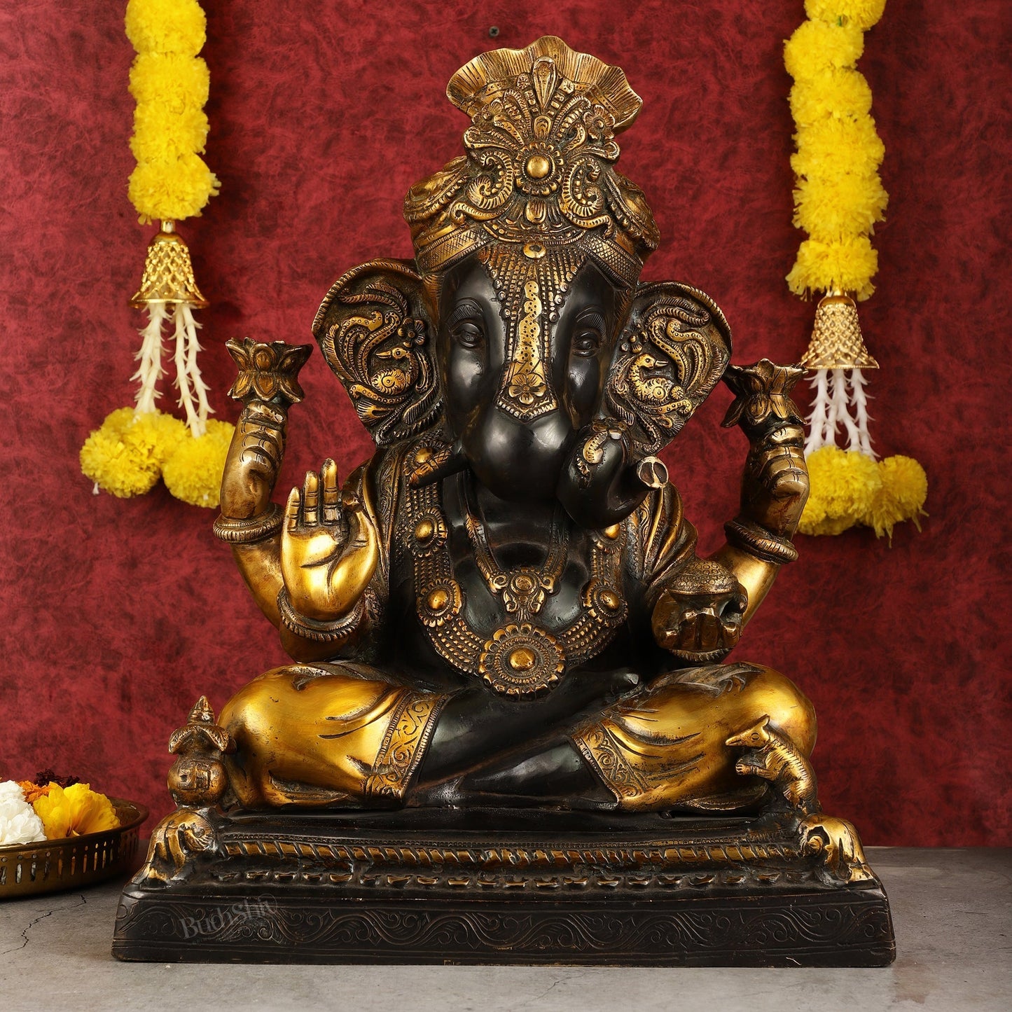 Handcrafted Brass Dagduseth Ganapati Statue - 20 inch black tone - Sama Homes Idol - Brass Sculpture