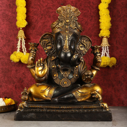 Handcrafted Brass Dagduseth Ganapati Statue - 20 inch black tone - Sama Homes Idol - Brass Sculpture