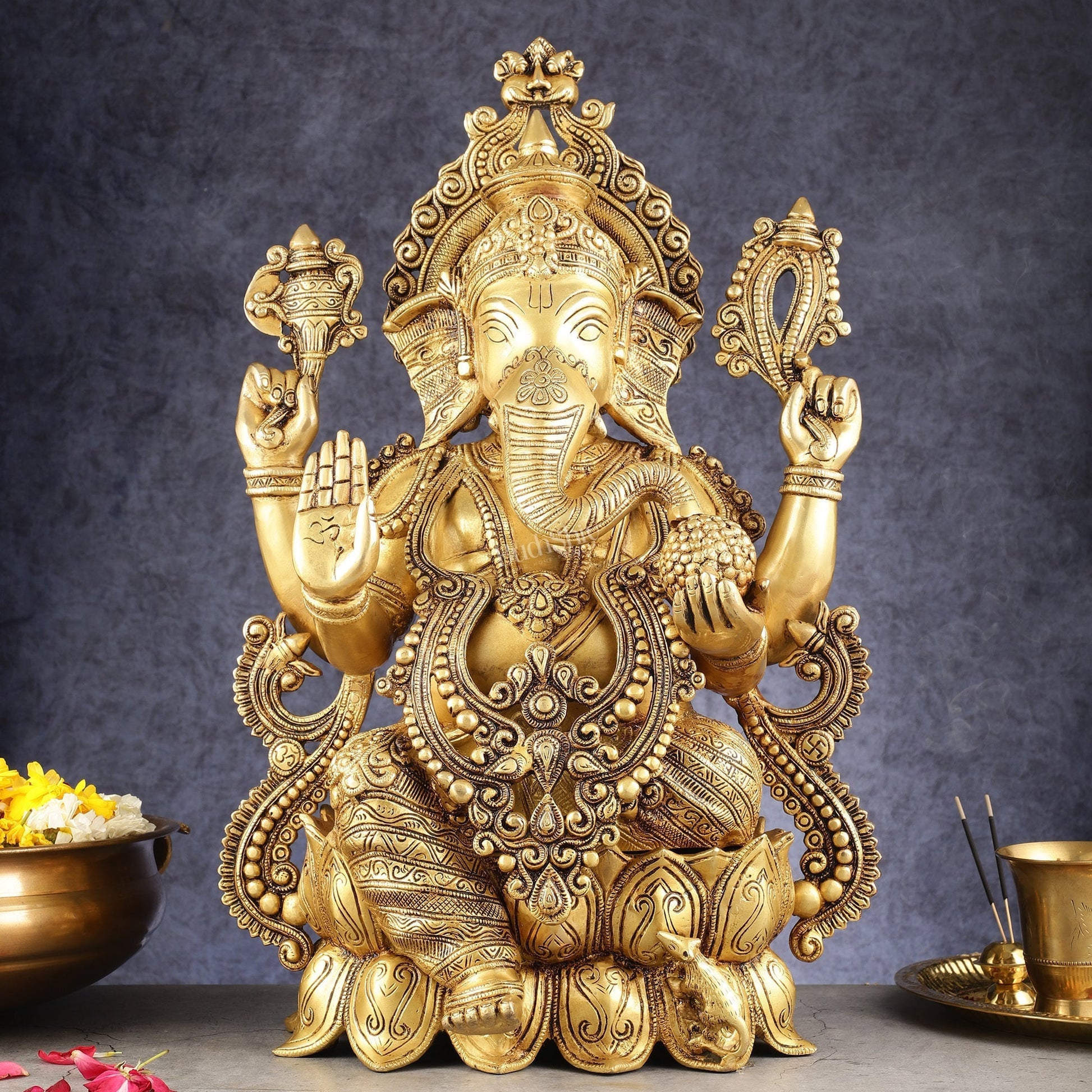 Kamal Ganesha Brass Idol 21 " enhanced carvings - Sama Homes Idol - Brass Sculpture - Eco-friendly - Sama Homes
