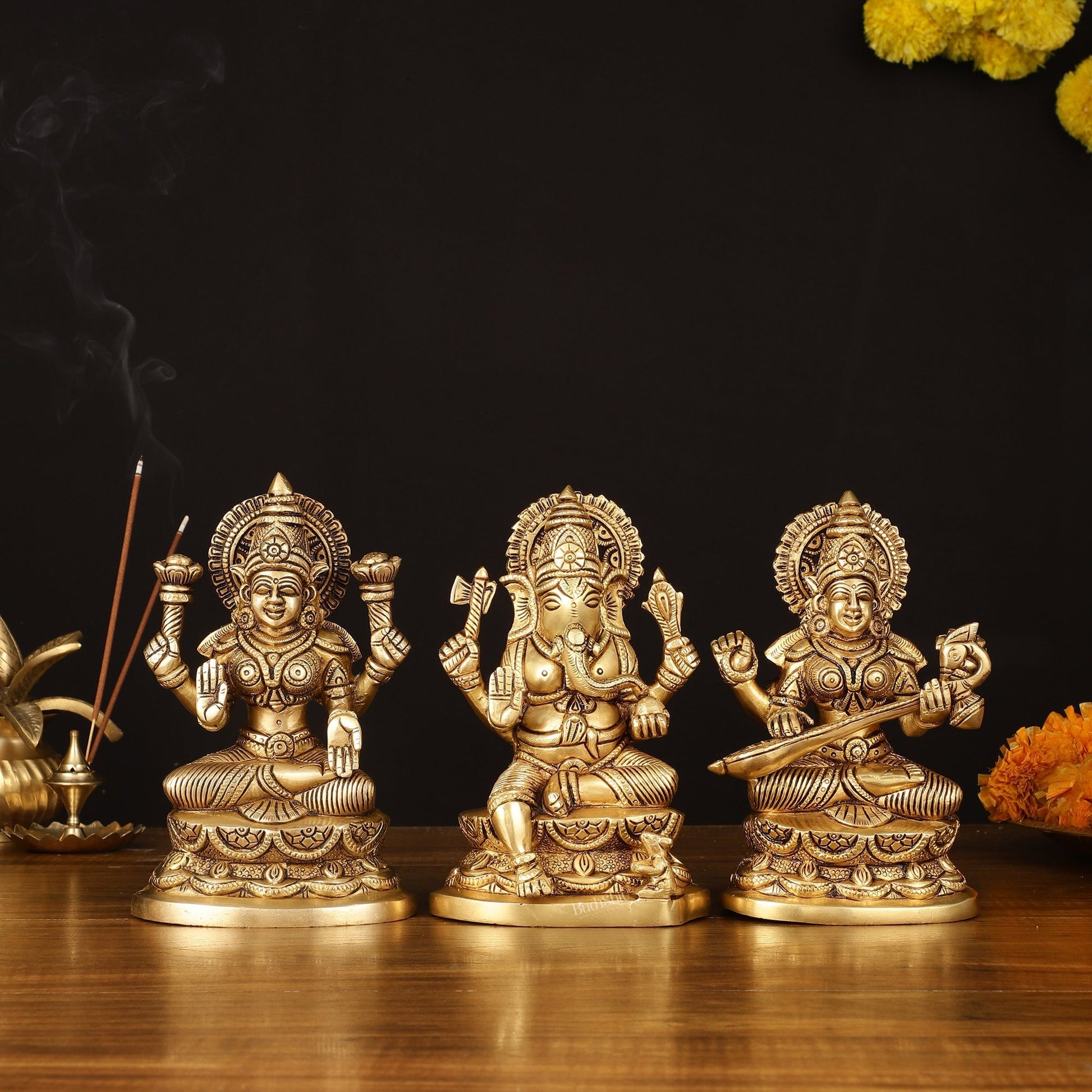 Brass Superfine Ganesh Lakshmi Saraswati Idol - 7" Divine Sculpture | 100% Certified Copper & Brass - Sama Homes Idol - Brass Sculpture - Eco-friendly - Sama Homes