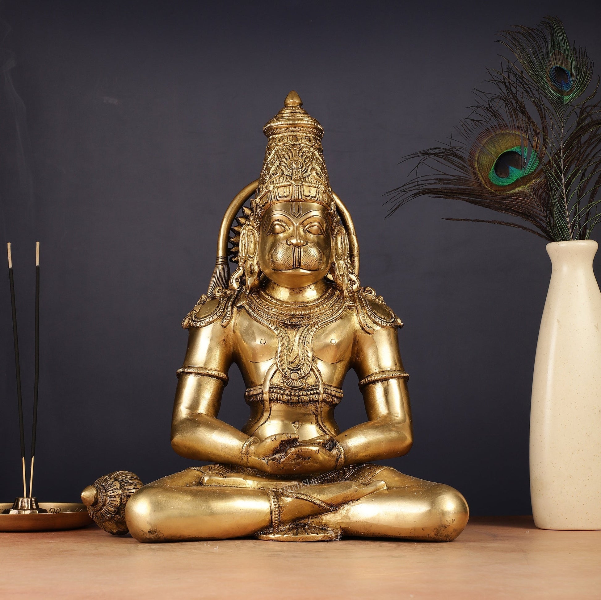 Pure Brass Dhyana Anjaneya Meditation Hanuman Idol 13" - Sama Homes Idol - Brass Sculpture - Eco-friendly - Sama Homes