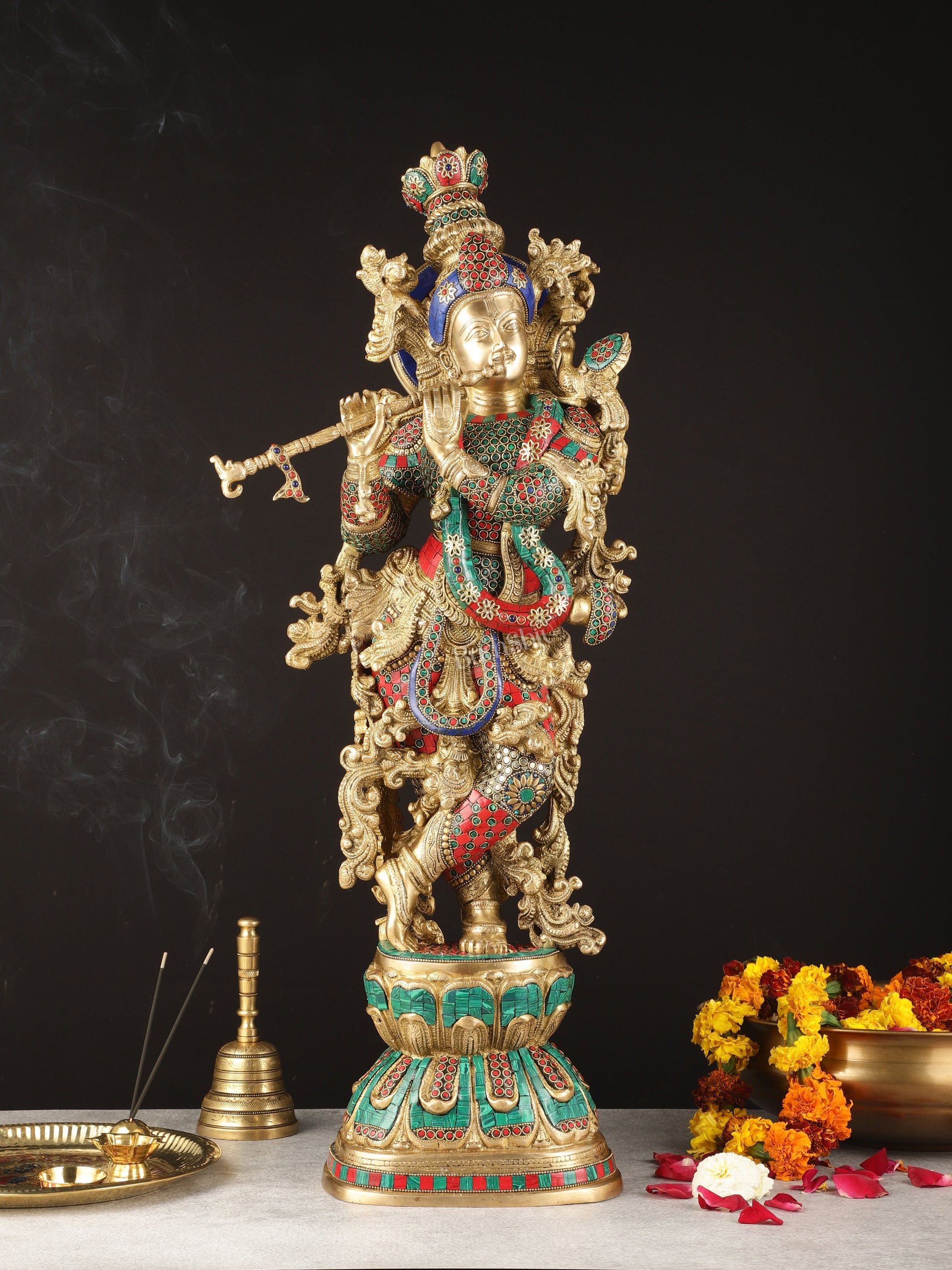 Exquisite Brass Lord Krishna Murti with Meenakari | 29" - Sama Homes Idol - Brass Sculpture - Eco-friendly - Sama Homes