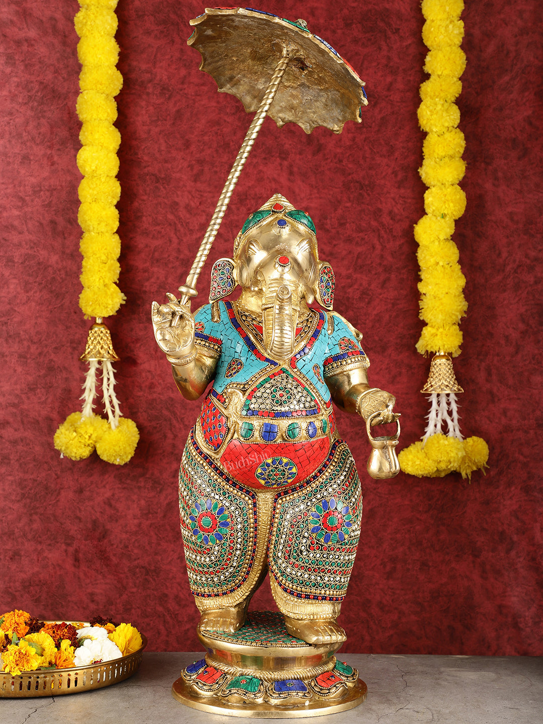 29-inch Standing Lord Ganesha Statue with Umbrella meenakari Stonework | 100% Certified Copper & Brass - Sama Homes Idol - Brass Sculpture - Eco-friendly - Sama Homes