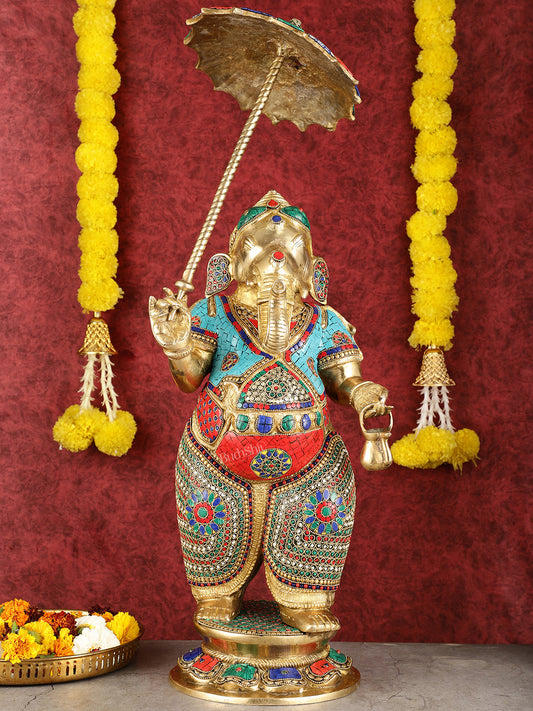 29-inch Standing Lord Ganesha Statue with Umbrella meenakari Stonework | 100% Certified Copper & Brass - Sama Homes Idol - Brass Sculpture