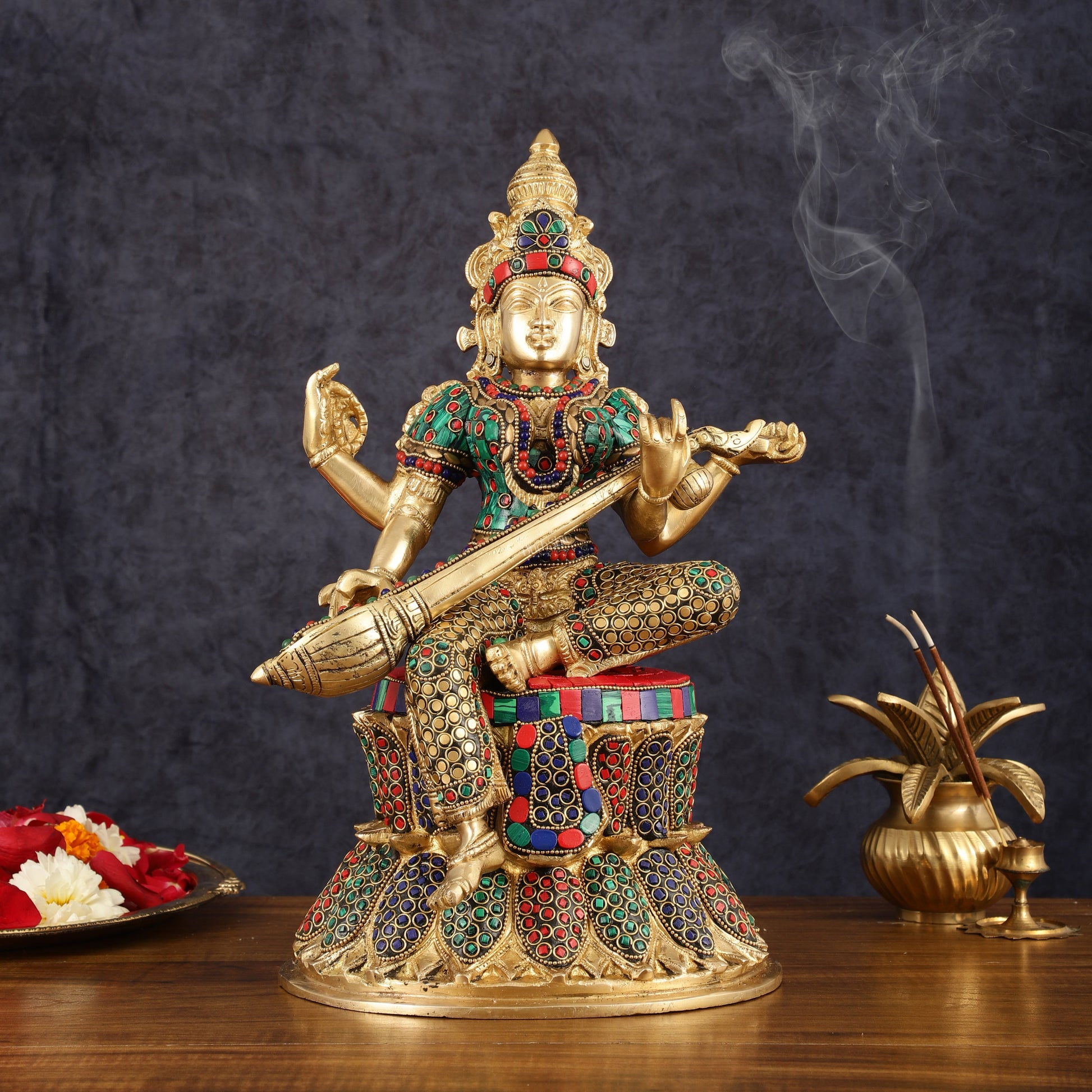 Brass Saraswati Statue | 14.5" Height | meenakari | 100% Certified Copper & Brass - Sama Homes Idol - Brass Sculpture - Eco-friendly - Sama Homes